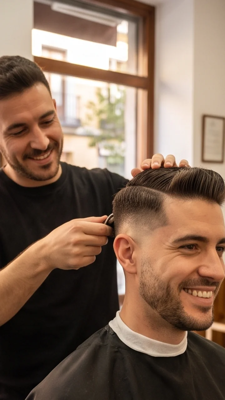 Clip vertical de una barbería española: un barbero termina un degradado a un cliente que sonríe.