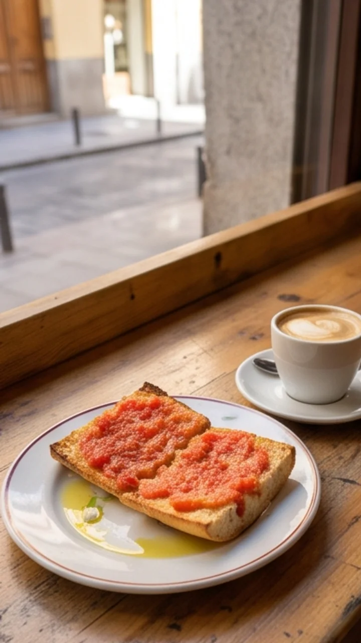 Clip vertical de una cafetería de barrio: una tostada con tomate y un café en la barra de madera, luz cálida de tarde.